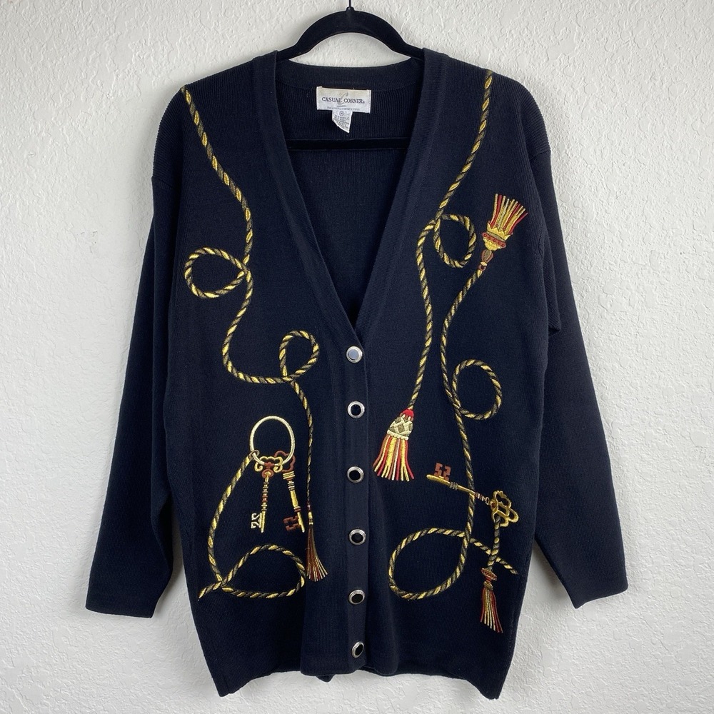 Vtg Mens M Equestrian Cardigan Button Wool Blend Black Bit N Bridle Embroidered